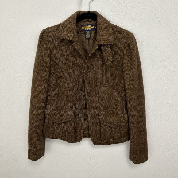 Ralph Lauren Rugby Fitted Tweed Blazer Sz 4 Brown Herringbone Equestrian Celine - Picture 12 of 12